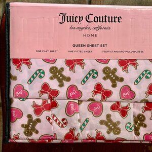 6-pc Juicy Couture Christmas Gingerbread Queen Size Sheet Set Bows Candy Canes